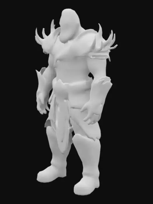 3D model for A towering, muscular warrior in a mystical fantasy art style, viewed from the front in a T-position. The hero is designed in a manner similar to Axe from Dota 2 but unique in every aspect. His skin is a deep crimson tone, battle-ready expression. He wears ornate, battle-worn armor adorned with jagged edges and glowing, arcane runes that pulse with mystical energy. Spiked pauldrons and boots with intricate magical patterns add to his imposing appearance.