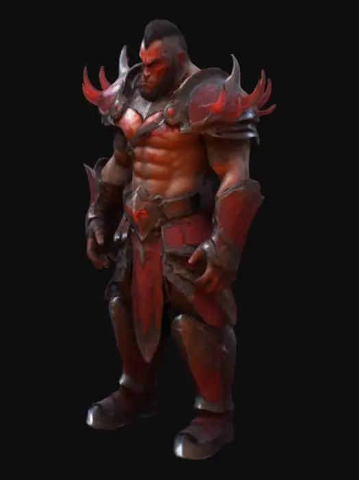 3D model for A towering, muscular warrior in a mystical fantasy art style, viewed from the front in a T-position. The hero is designed in a manner similar to Axe from Dota 2 but unique in every aspect. His skin is a deep crimson tone, battle-ready expression. He wears ornate, battle-worn armor adorned with jagged edges and glowing, arcane runes that pulse with mystical energy. Spiked pauldrons and boots with intricate magical patterns add to his imposing appearance.