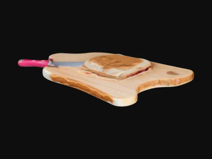3D model for a kawaii cutting board with a open peanut butter jelly sandwitch with a cute little knife on the side