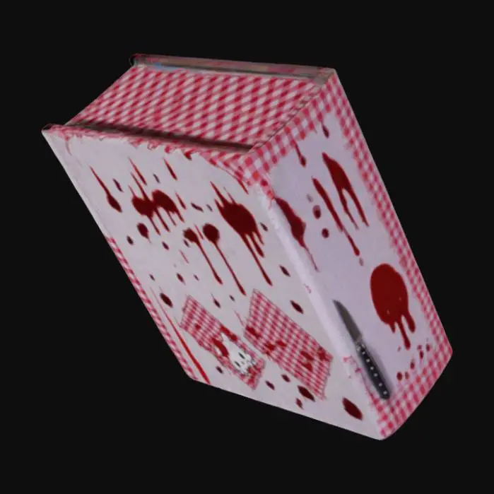 3D model for a kawaii satanic book on kitchen dining table with a torn table cloth with blood all it keep in that sanrio style