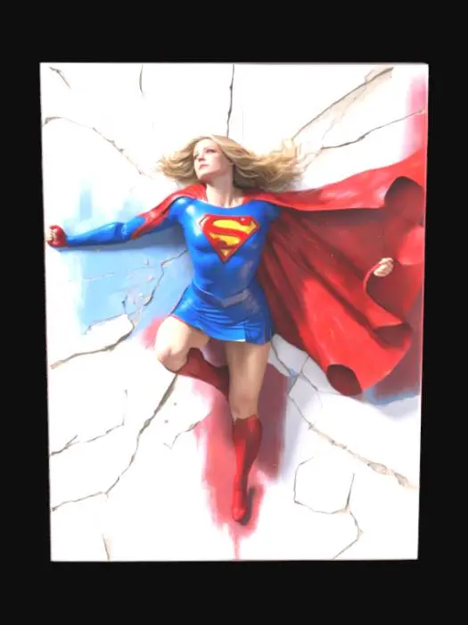 3D model for A unique 3D model depicts Supergirl seemingly trapped within a two-dimensional painting. Her iconic blue and red suit, vibrant and highly detailed, appears to push against the flat, textured surface of a canvas. Parts of her body, like an outstretched arm or a straining leg, might slightly break the plane, giving the illusion of struggle. The surrounding "paint" shows thick, visible brushstrokes and rich, deep colors, perhaps cracked or distorted around her, emphasizing her attempts to escape the flat, painted prison. The overall form is a rectangular canvas, with Supergirl rendered in a more realistic 3D style within its boundaries.