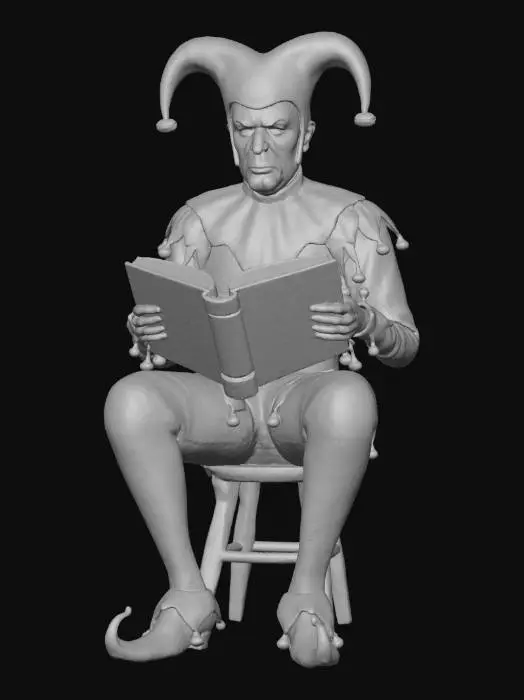 3D model for A jester is depicted in a thoughtful pose, engrossed in reading an open book. His vibrant, multi-colored costume, likely in reds, blues, and yellows, is crafted from soft, textured velvet or silk, adorned with miniature metallic bells on his signature three-pointed hat. The book, appearing somewhat aged, features crisp, slightly yellowed paper pages, possibly bound in worn leather. His typically playful expression is replaced by a rare look of focused concentration, creating a striking contrast between his attire and demeanor.