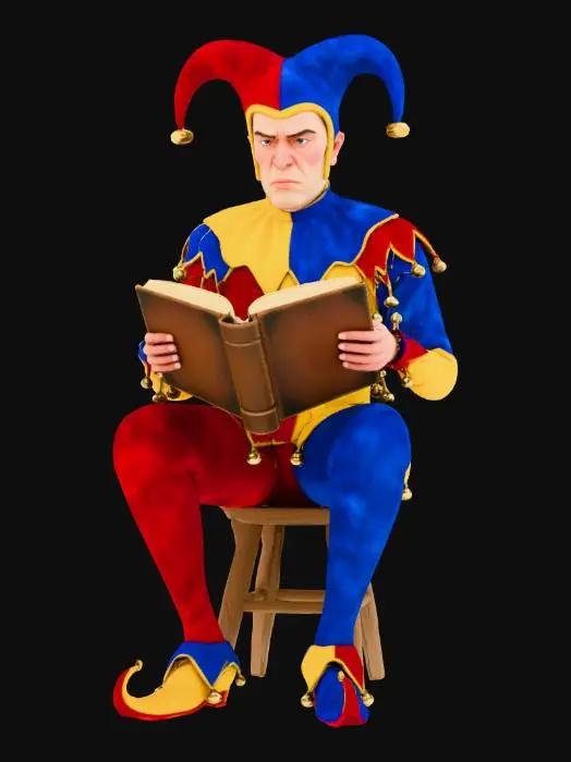 3D model for A jester is depicted in a thoughtful pose, engrossed in reading an open book. His vibrant, multi-colored costume, likely in reds, blues, and yellows, is crafted from soft, textured velvet or silk, adorned with miniature metallic bells on his signature three-pointed hat. The book, appearing somewhat aged, features crisp, slightly yellowed paper pages, possibly bound in worn leather. His typically playful expression is replaced by a rare look of focused concentration, creating a striking contrast between his attire and demeanor.