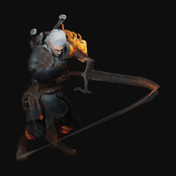 3D model for can you create the witcher from the witcher legend strong body , sword in hand with flames