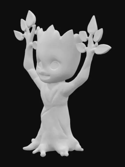 3D model for "Realistic decorative vase in the shape of a Groot-like creature, made from a trunk with detailed bark texture, expressive and happy eyes, and a friendly smile. Branches with leaves at the top. The figure is raising its arms, forming a heart shape with its hands in a friendly gesture. White background, object centered and well-lit."