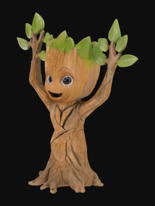 3D model for "Realistic decorative vase in the shape of a Groot-like creature, made from a trunk with detailed bark texture, expressive and happy eyes, and a friendly smile. Branches with leaves at the top. The figure is raising its arms, forming a heart shape with its hands in a friendly gesture. White background, object centered and well-lit."
