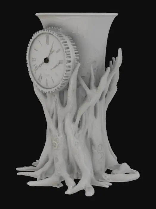 3D model for "Highly detailed concept design for a 3D-printable decorative vase called 'Timekeeper Vase'. The object is shaped like a fusion between antique clock gears and tree roots, with a cylindrical body wrapped in sculpted roots and mechanical details like gears and cogs. The surface shows a balance of organic and mechanical textures. The top is a clean, open hollow, clearly functional as a vase (no plant inside). The design should be optimized for 3D modeling: solid structure, no floating or fragile elements, no extreme overhangs. Single-color material look (no textures or colors required). White background, centered object, clear lighting, ideal for 3D illustration and modeling reference."