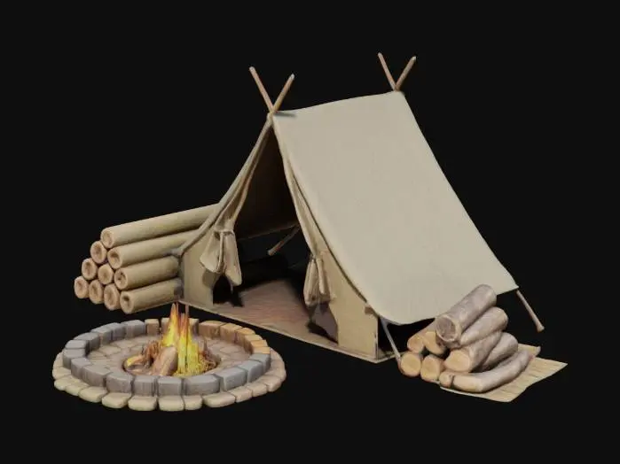 3D model for realistic campsite, modern, canvas tent, khaki bedrolls, firepit, sawn wooden logs, HD details, HDR rendering, 4K textures