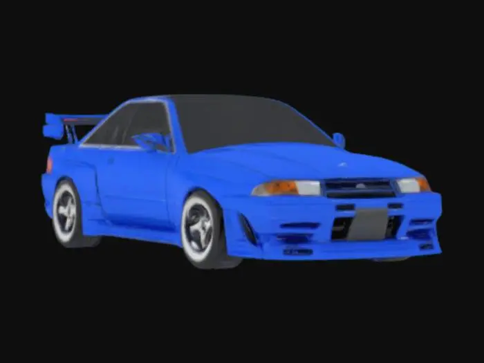3D model for ultra realistic 1990 Nissan Skyline R32, body color should be glossy bayside blue. wheels should be Toyo tires with BBS 5 point chrome rims. windows should be tinted very dark, should include WingsWest bodykit