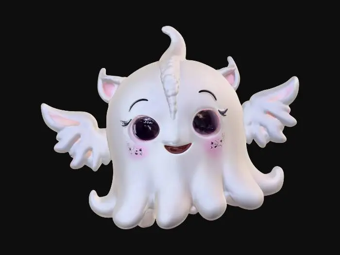 3D model for cute ghostly Ghibli anime art style mask with hollow knight style mixed in.