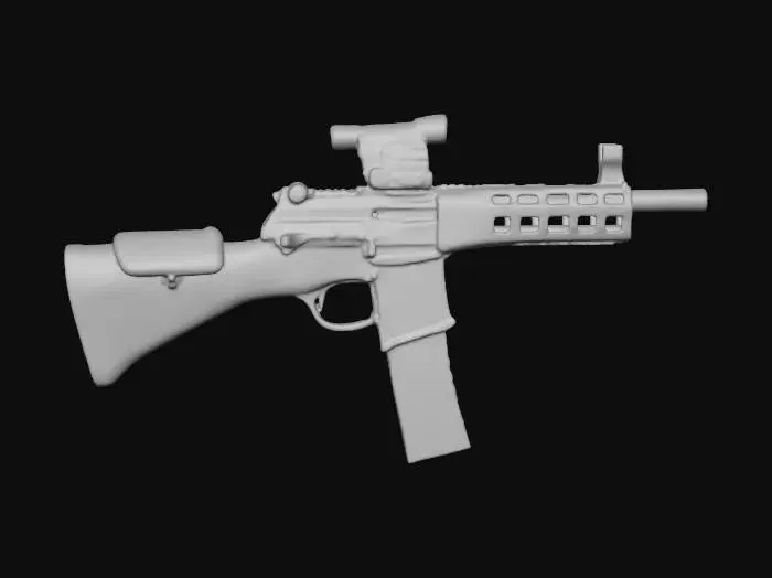 3D model for Modern assault rifle with a highly detailed deep grain wooden stock with detailed paisley laser engraved patterns showing on metal parts. all parts and wood should be in 8k texture resolution and extremely high detail