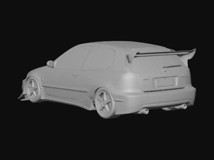 3D model for Create me a 1998 Honda civic EG hatch. Honda red in color, racing bodykit, carbon fiber hood, rear spoiler/ wing, no tires or rims.