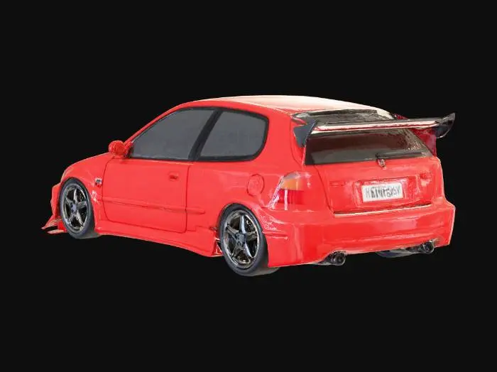 3D model for Create me a 1998 Honda civic EG hatch. Honda red in color, racing bodykit, carbon fiber hood, rear spoiler/ wing, no tires or rims.
