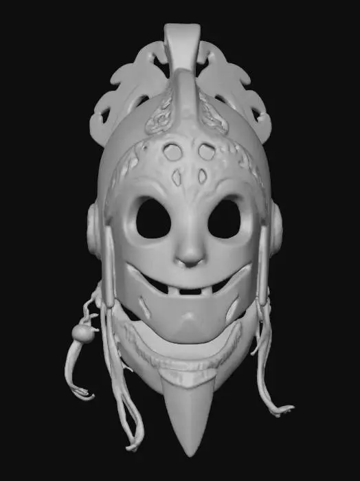 3D model for cute Ghibli anime art style painted wooden mask with hollow knight style mixed in alongside of Tim burton art style. a balanced mix of the styles should be priority. 
should be high detail and with proper mesh topology