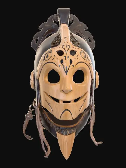 3D model for cute Ghibli anime art style painted wooden mask with hollow knight style mixed in alongside of Tim burton art style. a balanced mix of the styles should be priority. 
should be high detail and with proper mesh topology