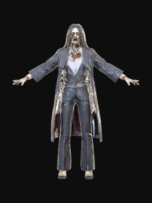 3D model for Game ready female zombie wearing office clothing. should be very high detailed and the zombies expression should be "screaming"