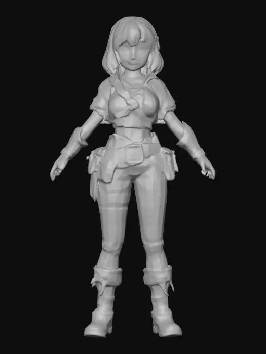 3D model for Super cute female adventure character with a brown leather tunic and brown leather pants. should be Ghibli anime style and standing in T-pose for unreal engine