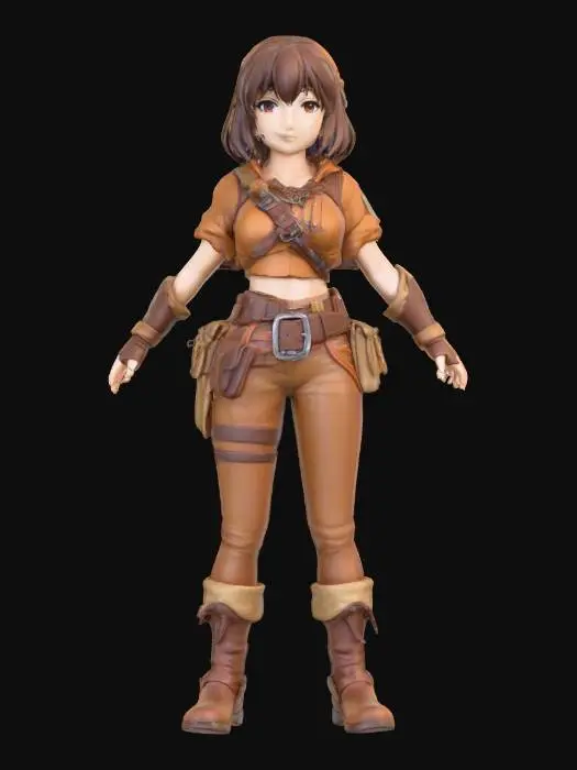 3D model for Super cute female adventure character with a brown leather tunic and brown leather pants. should be Ghibli anime style and standing in T-pose for unreal engine