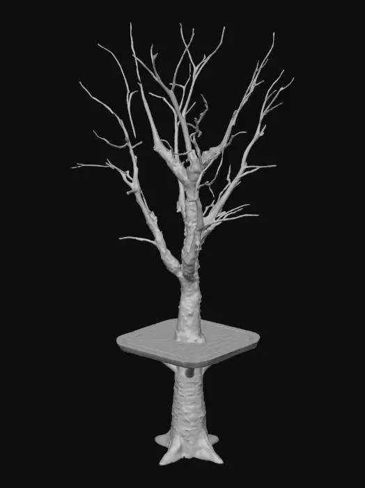 3D model for Simple low poly birch tree with wooden platform midway up the trunk. should have a low polygon count, texture should be 4k