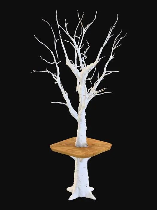 3D model for Simple low poly birch tree with wooden platform midway up the trunk. should have a low polygon count, texture should be 4k