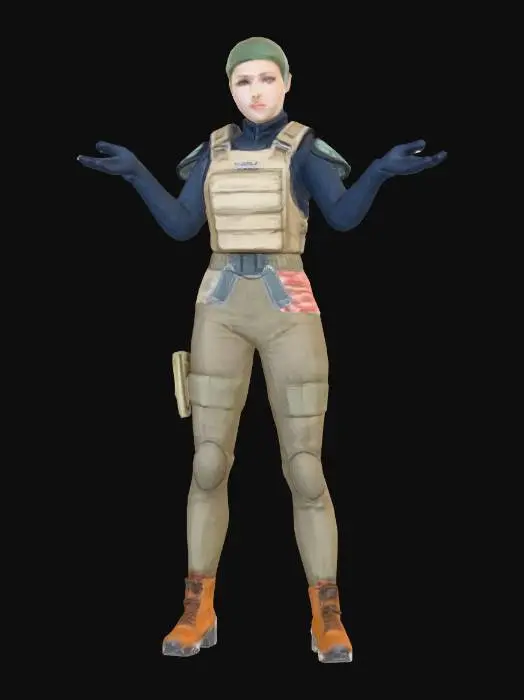 3D model for Full spec military geared DayZ styled Female character Standing in A-pose with arms and legs spread out. 
Wearing a rucksack and combat half helmet. 
Cleavage must protrude above plate carrier/ flack vest