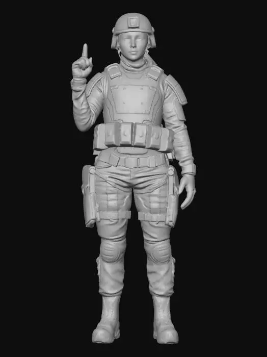 3D model for Full spec military geared DayZ styled Female character Standing in A-pose with arms and legs spread out. 
Wearing a rucksack and combat half helmet. 
Cleavage must protrude above plate carrier/ flack vest