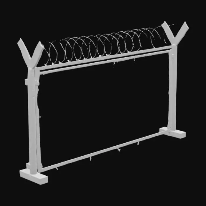 3D model for A highly detailed chain-link fence with war war two style barbed wire across the top end of the fence. high quality texture should be rusted metal