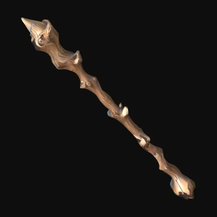 3D model for Ghibli Anime art style wooded gnarled staff, should be sharp and low poly stylized for video games