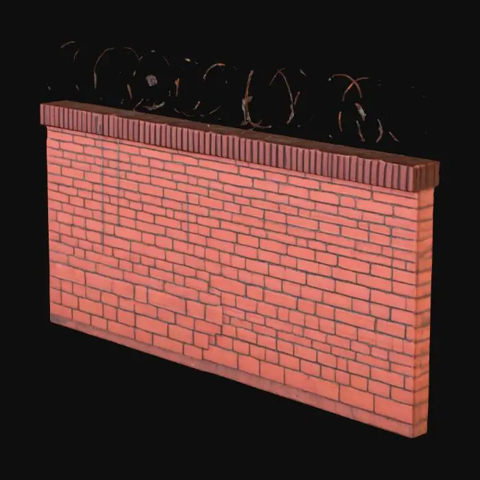 3D model for 10 ft tall, 30 ft long red brick wall with spiral barbed wired along the top