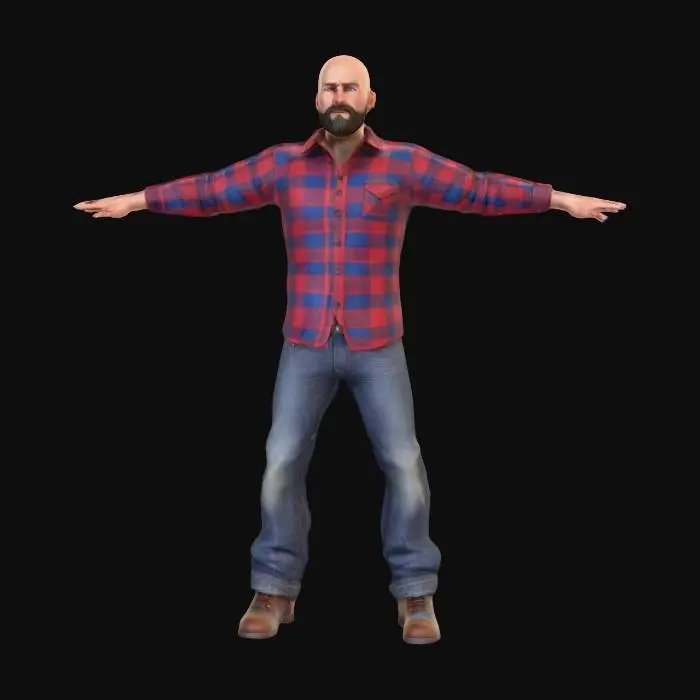 3D model for 35 year old bald male with beard. should be athletic and wearing a plaid button up dress shirt and blue jeans. should also be wearing work boots. Should be realistic and high fidelity video game ready