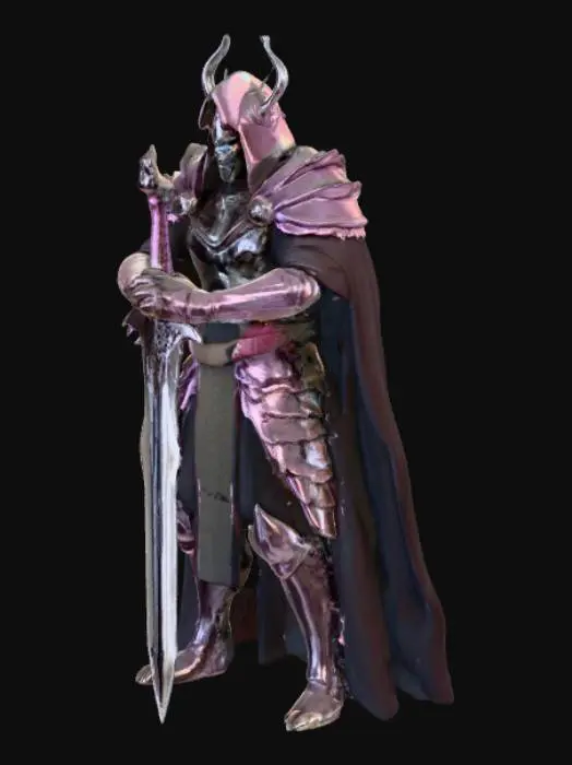 3D model for A monstrous dark fantasy sword, forged from shadowy metal with sickly pink liquids clinging to its craggy blade, is clutched by a menacing Dark Lord. The figure is cloaked in an old, tattered brown cape, its heavy fabric draped dramatically. A smooth, featureless black mask completely obscures the Lord's face, adding to the silent, terrifying presence. The Lord's grip on the sword is firm, suggesting immense, controlled power.