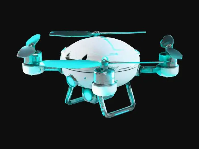 3D model for Orb Drone (Utility)

  Prompt:
  A small friendly sci-fi flying drone, low-poly cartoon style. A flat saucer-shaped chrome and white metallic disc body, a thin outer
  ring glowing cyan, four small rounded rotor arm stubs at 90-degree intervals around the rim, a glowing teal tractor beam light disk on
  the underside, and two tiny camera-eye sensors on the front. Hovering pose. Sleek futuristic design, neon cyan accents on a silver-white
   body. Game-ready asset, transparent background.

  Negative prompt:
  realistic, organic, scary, military, weapons

  Settings: Art Style = Cartoon, Target Poly = Low, no background