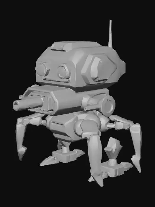 3D model for Prompt:
  A small cute sci-fi sentry turret robot, low-poly cartoon style. Squat cylindrical metallic body in dark gunmetal grey, a rotating domed
   head with two glowing cyan LED eyes, a short stubby laser barrel pointing forward, and two tiny claw feet at the base.  The robot is compact and friendly-looking despite being a sentry.  The turrets are laser cannons.  Game-ready asset, transparent background.

color: Gunmetal gray with Neon cyan trim lines on the body panels.

  Negative prompt:
  realistic, human face, organic, blood, weapons, scary, dark

  Settings: Art Style = Cartoon, Target Poly = Low, no background