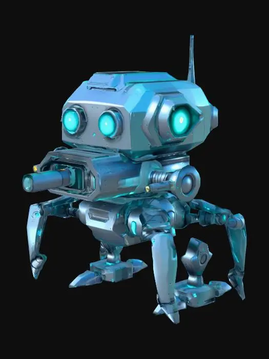 3D model for Prompt:
  A small cute sci-fi sentry turret robot, low-poly cartoon style. Squat cylindrical metallic body in dark gunmetal grey, a rotating domed
   head with two glowing cyan LED eyes, a short stubby laser barrel pointing forward, and two tiny claw feet at the base.  The robot is compact and friendly-looking despite being a sentry.  The turrets are laser cannons.  Game-ready asset, transparent background.

color: Gunmetal gray with Neon cyan trim lines on the body panels.

  Negative prompt:
  realistic, human face, organic, blood, weapons, scary, dark

  Settings: Art Style = Cartoon, Target Poly = Low, no background