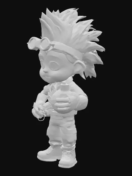 3D model for The image shows a cartoon-style, adventurous character with a mischievous look:

Hair: Bright red hair styled into a spiky mohawk.

Face: Big wide eyes with dark smudges around one, giving a slightly crazy or explosive vibe.

Headgear: Wearing a unique steampunk-style headband with a large green monocle or scope attached, decorated with small colorful details.

Clothing: A simple yellowish shirt with a laced-up front, brown gloves, and a brown belt with pouches.

Accessory: Holding a classic round black cartoon bomb with a fuse, suggesting they’re a bomber or demolition expert.

Expression: A confident grin, looking ready to cause some explosive chaos.

Style: Bright colors, exaggerated features, and playful details give it a fun, slightly mad inventor vibe.