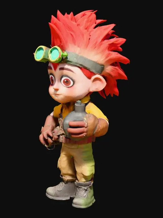 3D model for The image shows a cartoon-style, adventurous character with a mischievous look:

Hair: Bright red hair styled into a spiky mohawk.

Face: Big wide eyes with dark smudges around one, giving a slightly crazy or explosive vibe.

Headgear: Wearing a unique steampunk-style headband with a large green monocle or scope attached, decorated with small colorful details.

Clothing: A simple yellowish shirt with a laced-up front, brown gloves, and a brown belt with pouches.

Accessory: Holding a classic round black cartoon bomb with a fuse, suggesting they’re a bomber or demolition expert.

Expression: A confident grin, looking ready to cause some explosive chaos.

Style: Bright colors, exaggerated features, and playful details give it a fun, slightly mad inventor vibe.
