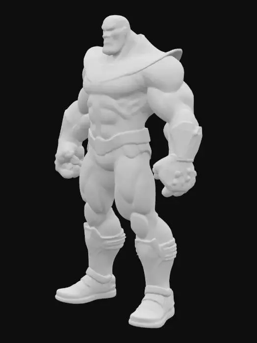 3D model for A 3D model of Thanos in A-pose, based on modern Marvel comics like Infinity Gauntlet and War. Bulky, muscular, alien physique with detailed purple skin, a menacing expression, and glowing eyes. He wears sleek dark blue armor with metallic gold details, sharp lines, and high-tech textures. The Infinity Gauntlet is detailed and imposing, with all six glowing Infinity Stones. Stylized comic textures, clean lines, vivid but deeper tones, front view, clean topology, rig-ready. Heroic comic proportions with a modern sci-fi twist.