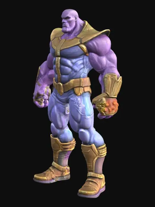 3D model for A 3D model of Thanos in A-pose, based on modern Marvel comics like Infinity Gauntlet and War. Bulky, muscular, alien physique with detailed purple skin, a menacing expression, and glowing eyes. He wears sleek dark blue armor with metallic gold details, sharp lines, and high-tech textures. The Infinity Gauntlet is detailed and imposing, with all six glowing Infinity Stones. Stylized comic textures, clean lines, vivid but deeper tones, front view, clean topology, rig-ready. Heroic comic proportions with a modern sci-fi twist.