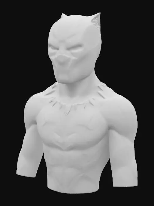 3D model for A full-body 3D model of Black Panther in A-pose, based on the Marvel Cinematic Universe. He wears a sleek, black vibranium suit with silver tribal patterns and subtle glowing purple energy lines. The suit is tight-fitting and futuristic, with sharp details around the gloves, boots, and chest. His helmet is cat-like, elegant and fierce, with glowing white eyes and a serious expression. The model stands tall, showing a heroic and athletic build. Full-body, front-facing, symmetrical, clean topology, stylized comic-book textures, ready for rigging.