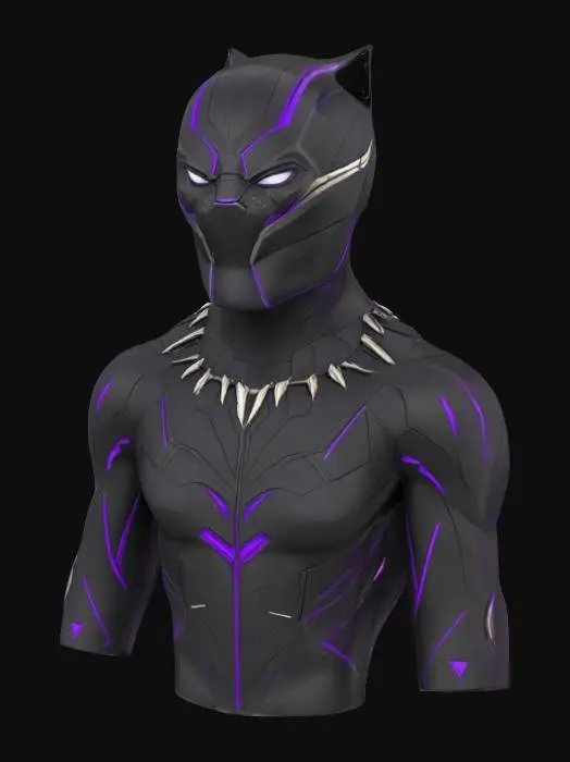3D model for A full-body 3D model of Black Panther in A-pose, based on the Marvel Cinematic Universe. He wears a sleek, black vibranium suit with silver tribal patterns and subtle glowing purple energy lines. The suit is tight-fitting and futuristic, with sharp details around the gloves, boots, and chest. His helmet is cat-like, elegant and fierce, with glowing white eyes and a serious expression. The model stands tall, showing a heroic and athletic build. Full-body, front-facing, symmetrical, clean topology, stylized comic-book textures, ready for rigging.