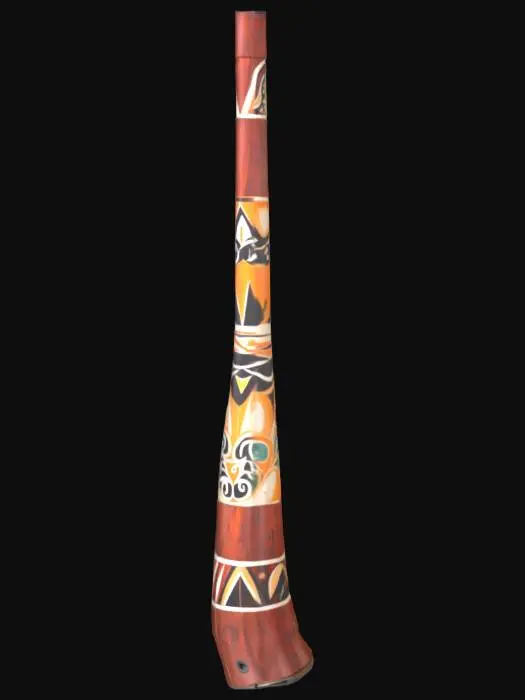3D model for A perfectly symmetrical Australian didgeridoo, meticulously crafted from highly polished, dark red gumwood. Its elongated, cylindrical body tapers subtly, flaring elegantly at the bell end, all precisely balanced around a central axis. Hyper-detailed, swirling wood grain patterns are visible, along with incredibly fine, traditional dot and line artwork in earthy ochre tones, each tiny pigment detail sharp and distinct, emphasizing its flawless 3D form.