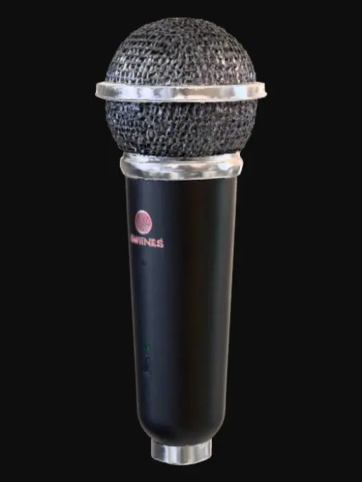 3D model for microphone hyper detailed. chrome and black with red hues blended. swin written as a logo on mic
