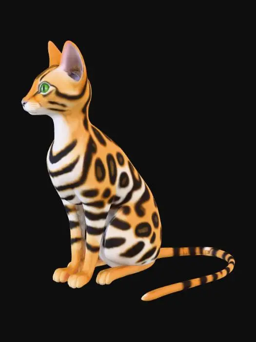 3D model for 3D model of a realistic Bengal cat sitting in a relaxed, symmetrical pose. One pair of legs forward, tail curved neatly around body. Clear symmetry. Single pair of medium-sized ears. Correct anatomy. Head forward-facing, single pair of normal-sized eyes, clean proportions, no extra limbs, no extra features. Smooth, accurate Bengal cat body shape. No distortion, no holes, fully enclosed clean geometry. Ready for painting. Neutral face, no open mouth. Ears, eyes, nose in correct places. Avoid duplication or mirrored errors. Balanced, proportionate build.