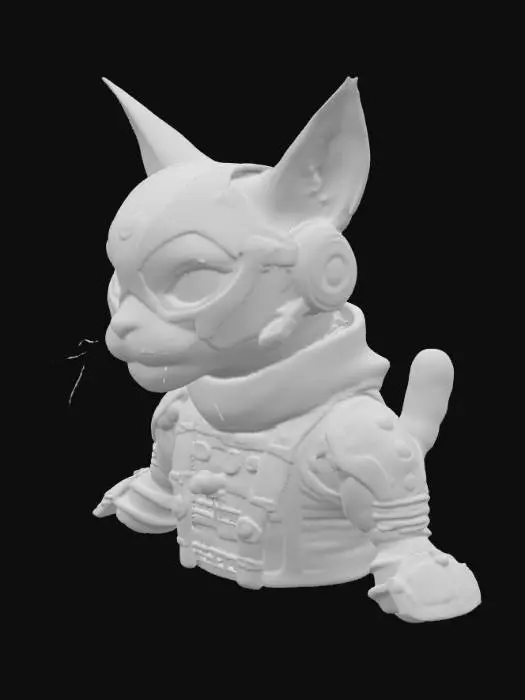 3D model for A Biker Cat from Mars, half organic and half machine, rendered with geometrically sound, uniquely clean, and crisp detail. One side reveals short, sleek brown fur and an expressive, determined feline face, while the other is composed of polished chrome, brushed steel panels, and exposed, glowing blue circuitry. Its leather biker gear seamlessly merges with segmented, articulated robotic plating. Its mechanical eye gleams with a sharp, digital light, and its feline tail is either organically furred or a flexible, segmented cable.