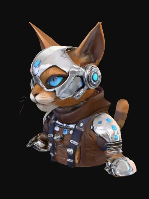 3D model for A Biker Cat from Mars, half organic and half machine, rendered with geometrically sound, uniquely clean, and crisp detail. One side reveals short, sleek brown fur and an expressive, determined feline face, while the other is composed of polished chrome, brushed steel panels, and exposed, glowing blue circuitry. Its leather biker gear seamlessly merges with segmented, articulated robotic plating. Its mechanical eye gleams with a sharp, digital light, and its feline tail is either organically furred or a flexible, segmented cable.