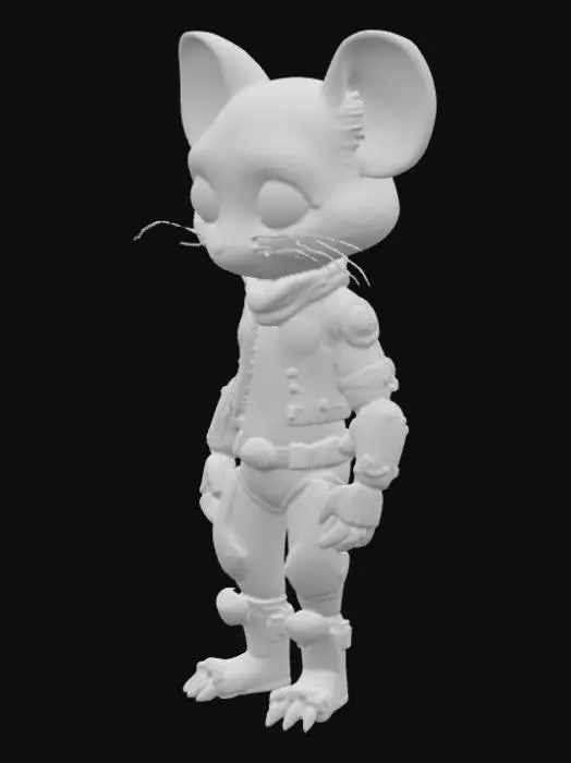 3D model for  biker cat from Mars, half organic and half machine, rendered with geometrically sound, uniquely clean, and crisp detail. One side reveals short, sleek brown fur and an expressive, determined mouse face, while the other is composed of polished chrome, brushed steel panels, and exposed, glowing blue circuitry. Its leather biker gear seamlessly merges with segmented, articulated robotic plating. Its mechanical eye gleams with a sharp, digital light, and its prehensile tail is either organic or a flexible, segmented cable.