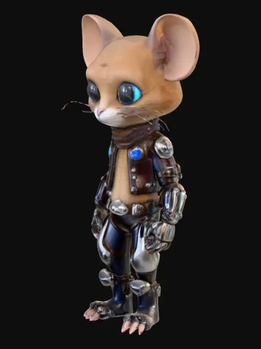3D model for  biker cat from Mars, half organic and half machine, rendered with geometrically sound, uniquely clean, and crisp detail. One side reveals short, sleek brown fur and an expressive, determined mouse face, while the other is composed of polished chrome, brushed steel panels, and exposed, glowing blue circuitry. Its leather biker gear seamlessly merges with segmented, articulated robotic plating. Its mechanical eye gleams with a sharp, digital light, and its prehensile tail is either organic or a flexible, segmented cable.