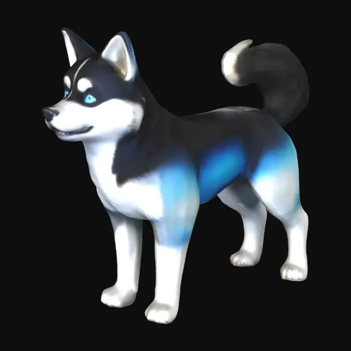 3D model for hyper detailed full body, perfect riggable husky with red and white fur, her right eye is gold and her left is blue. She is fluffy with a thick fluffy tail