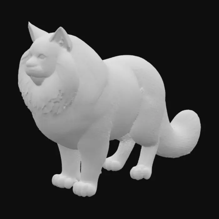 3D model for A hyper-realistic, colossal Maine Coon cat with an immense, shaggy coat of dense, multi-tonal fur, exhibiting individual strands and realistic subsurface scattering. Its broad, powerful head features prominent ear tufts and a majestic ruff around its neck. Large, intelligent eyes gleam with subtle depth, and its nose leather has a soft, moist texture. Its massive, bushy tail and oversized, tufted paws are incredibly detailed, showcasing the immense, fluffy volume of its fur.