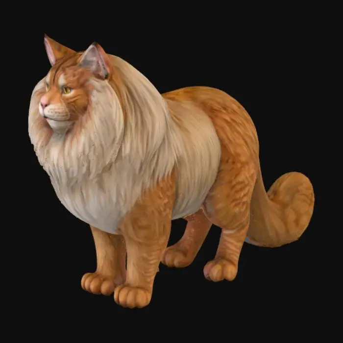 3D model for A hyper-realistic, colossal Maine Coon cat with an immense, shaggy coat of dense, multi-tonal fur, exhibiting individual strands and realistic subsurface scattering. Its broad, powerful head features prominent ear tufts and a majestic ruff around its neck. Large, intelligent eyes gleam with subtle depth, and its nose leather has a soft, moist texture. Its massive, bushy tail and oversized, tufted paws are incredibly detailed, showcasing the immense, fluffy volume of its fur.